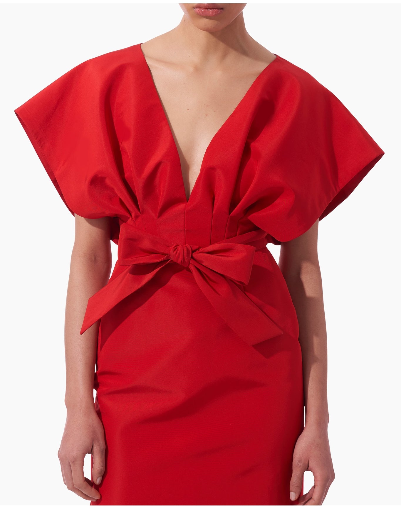 V-Neck Fan Bodice Column Gown with Waist Bow | Lacquer Red