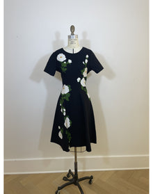 Short Sleeve Jacquard Crew Neck Flare Dress | Black Multi