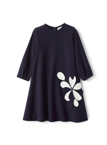 Dress in Romanite Jersey with A Flower Embellishment | Blue/Milk