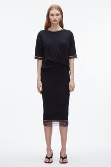 French Tuck Knit Dress with Organza | Navy