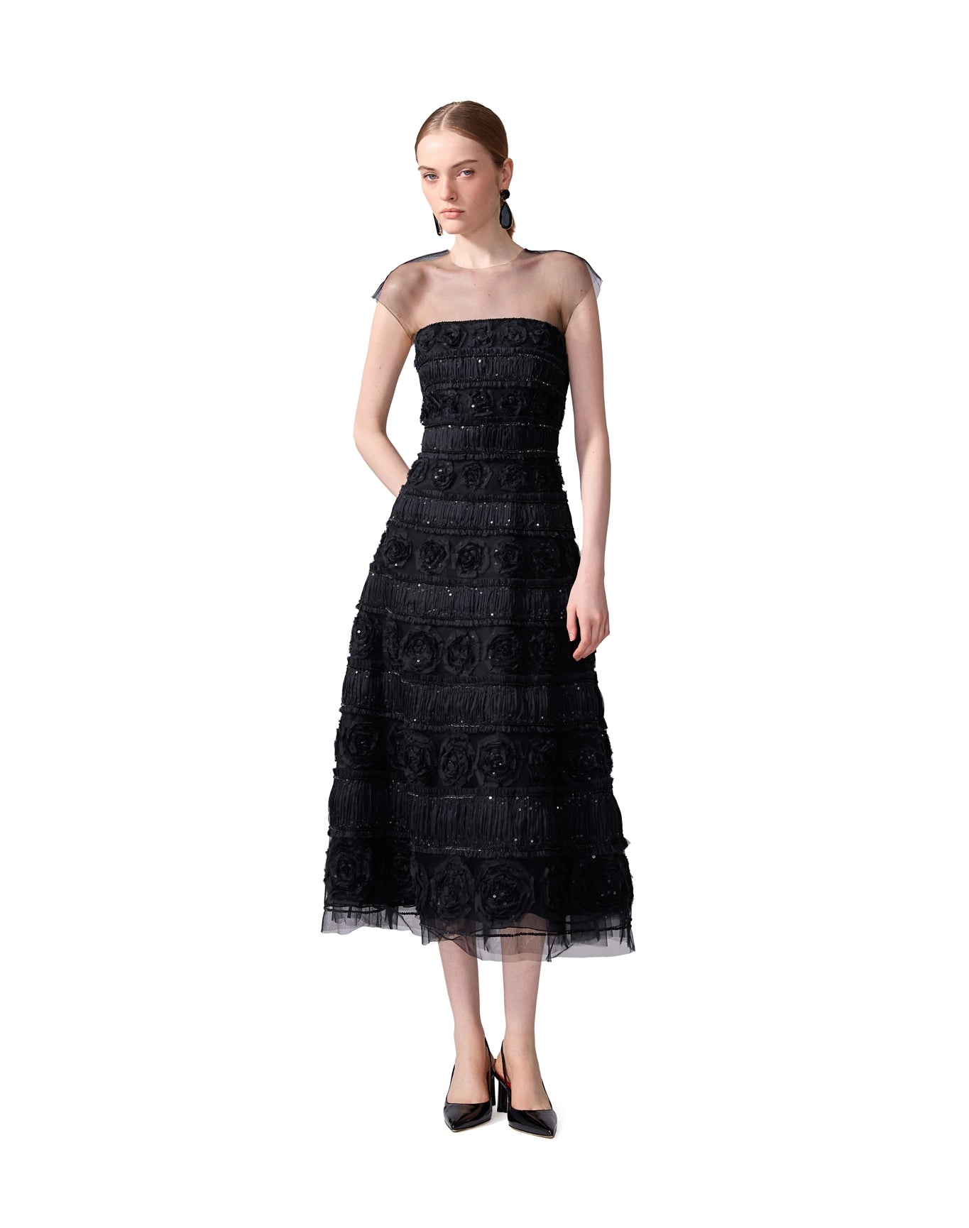 Embroidered Cap Sleeve Midi Dress | Black