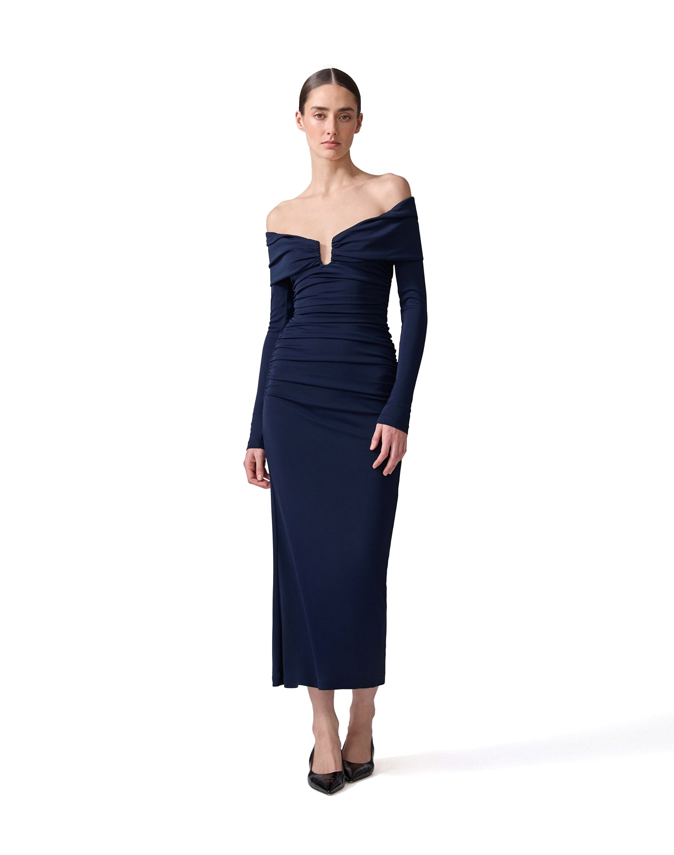 carolina herrera ruched off-the-shoulder midi dress Off Shoulder 3/4 Sleeve Ruched Midi Dress