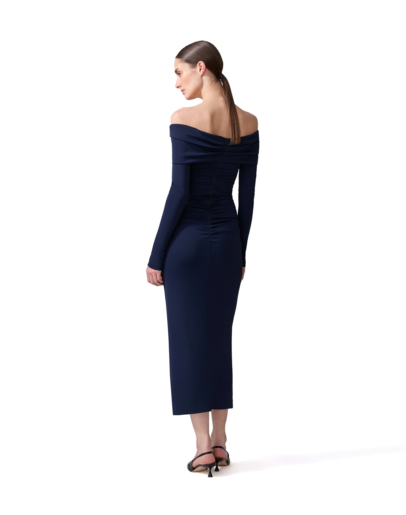 ruched midi dress off shoulder Off Shoulder 3/4 Sleeve Ruched Midi Dress