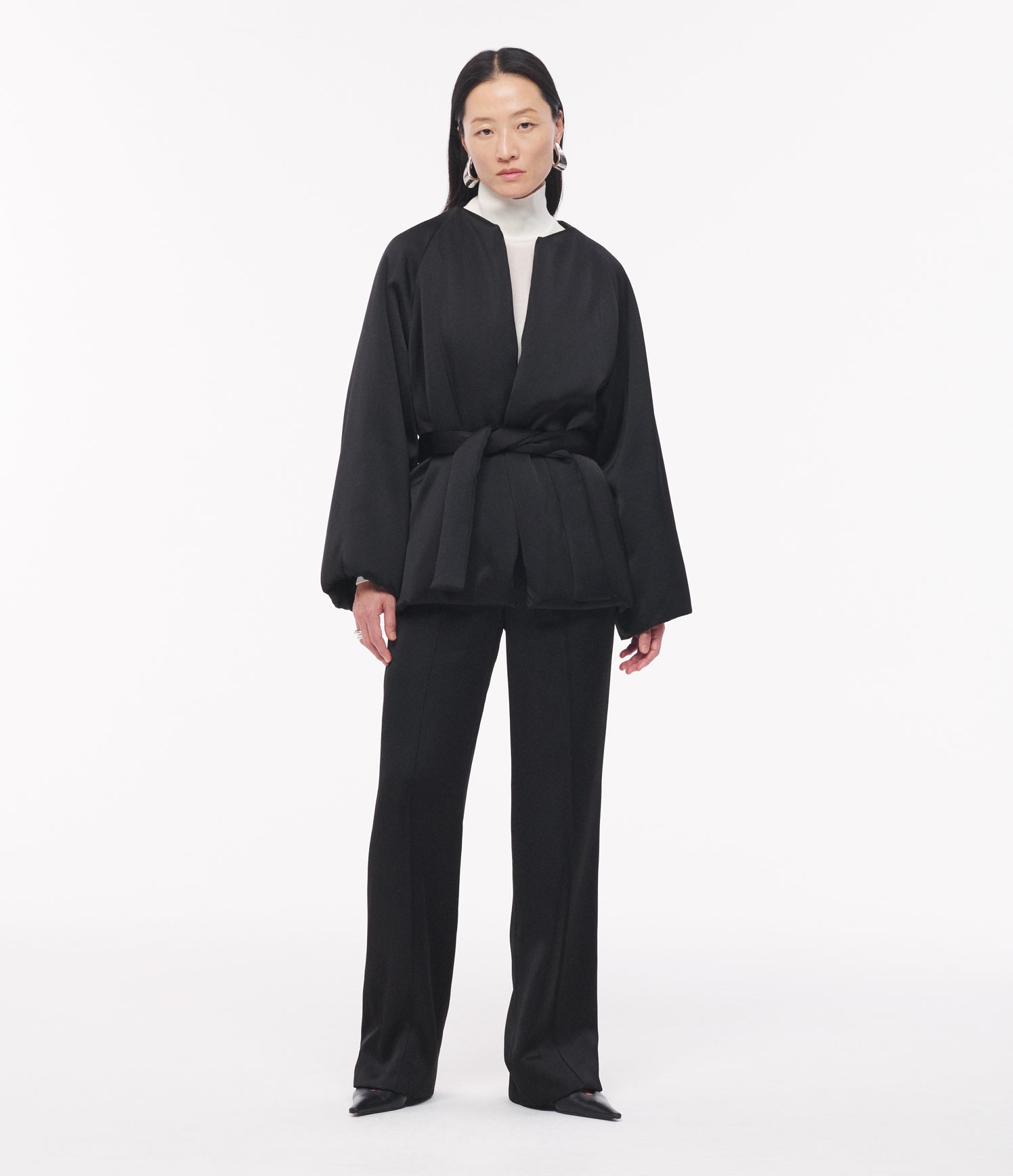 Another Tomorrow Padded Wrap Coat in Black – Satin Women's Outerwear