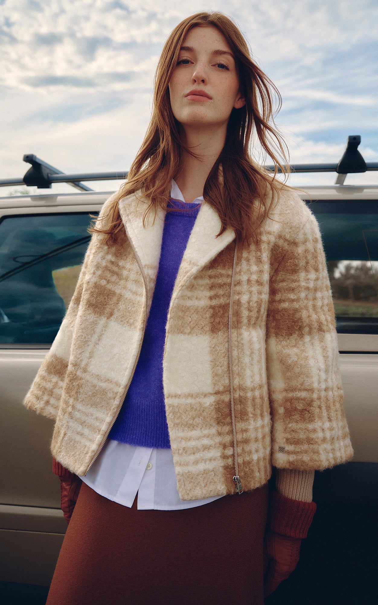 Pauline Relaxed-Fit Plaid Jacket With Biker Collar | Hush