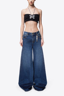 Crystal Heart Charm Wide Leg Jean | Dark Medium Wash