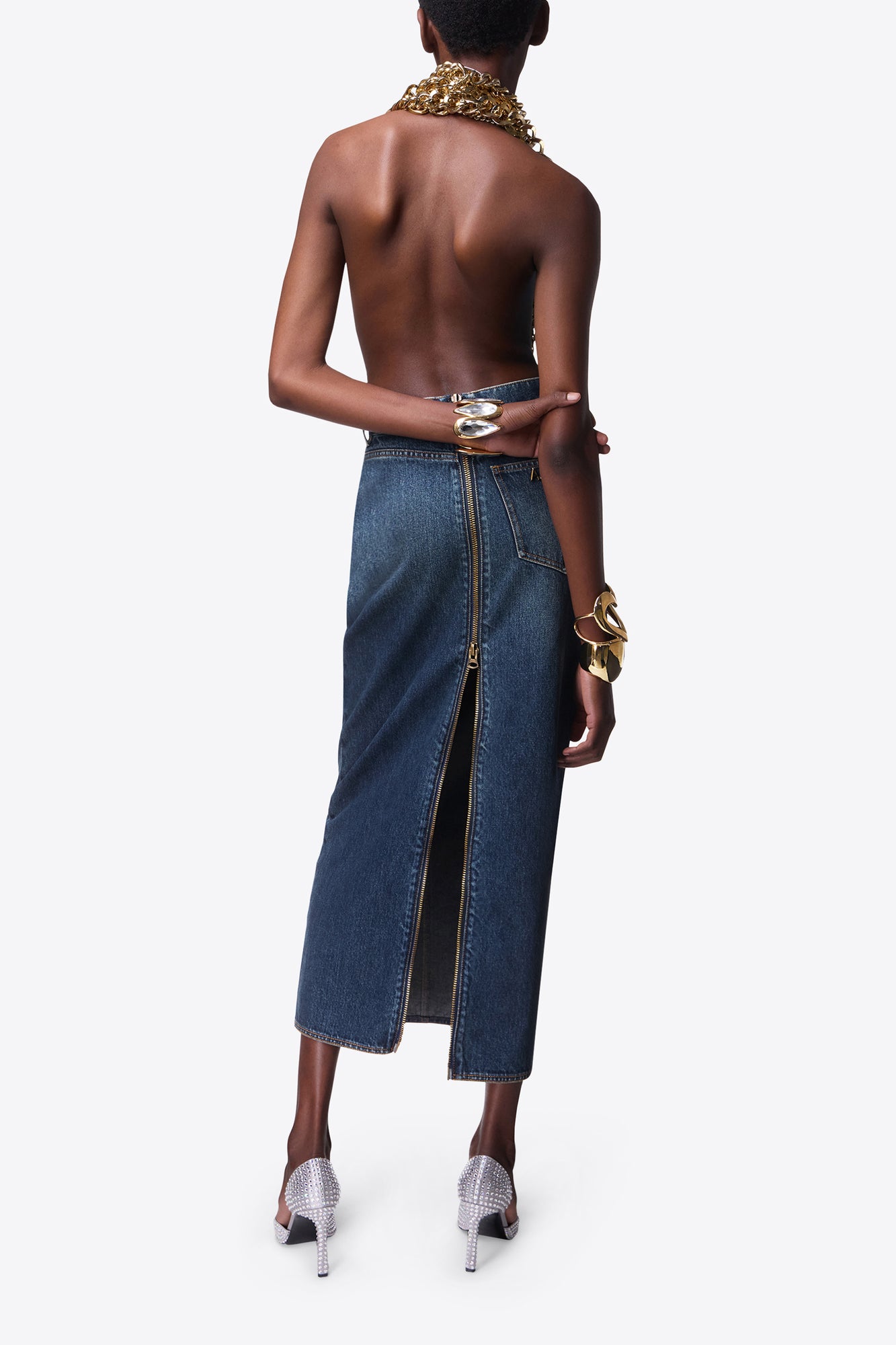 Zip Slit Midi Skirt | Dark Medium Wash