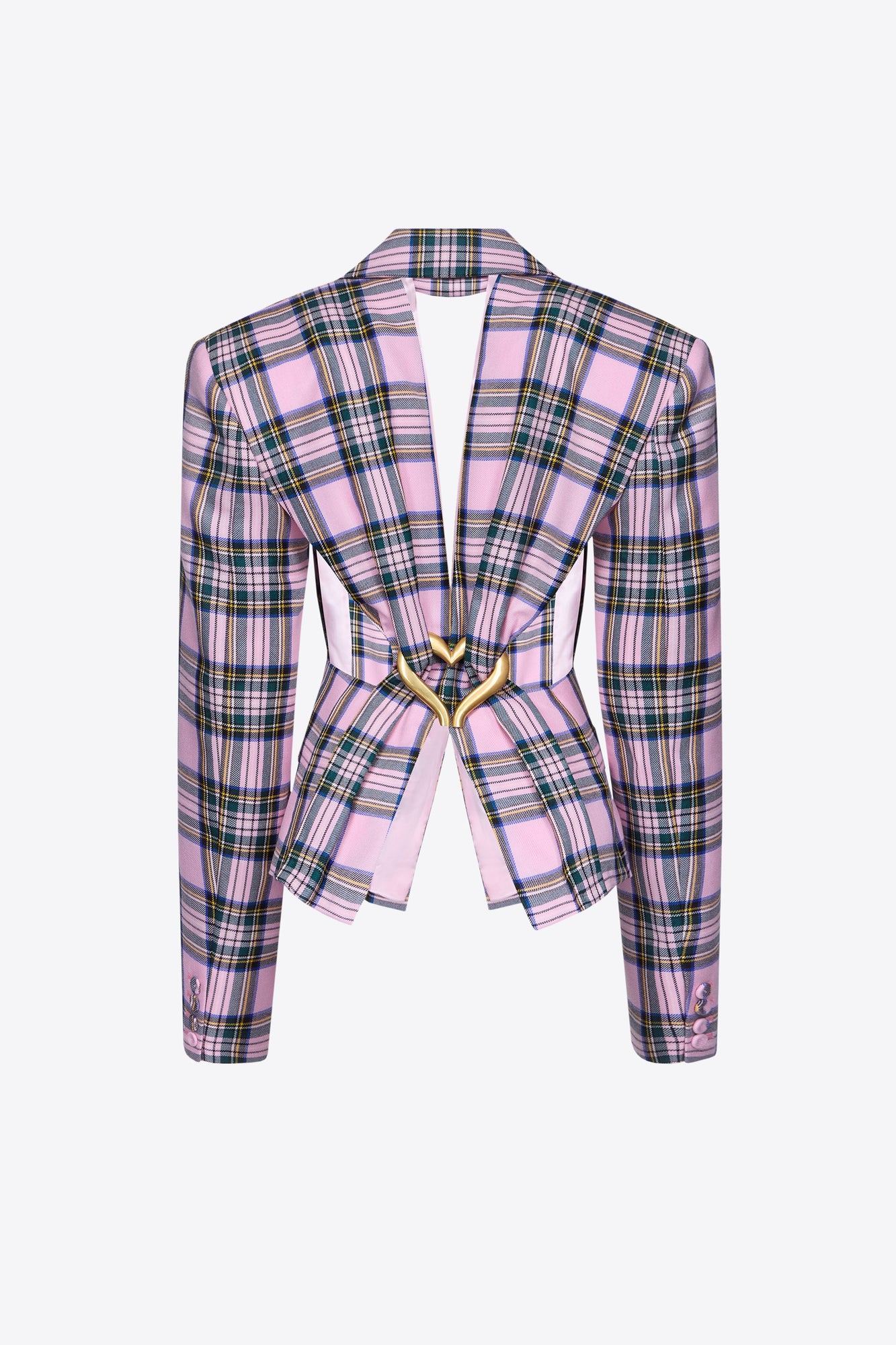 Heart Draped Cutout Checked Blazer | Pink Multi
