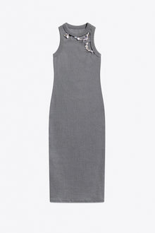 Distressed Crystal Ribbed Knit Midi Tank Dress | Grey Melange