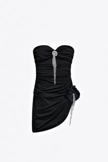 Crystal Flower Draped Strapless Mini Dress | Black