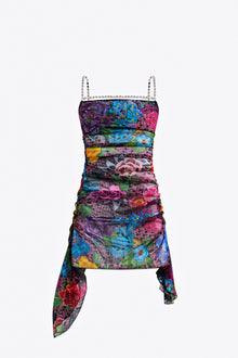 Crystal Embellished Printed Tulle Mini Dress | Pink Multi