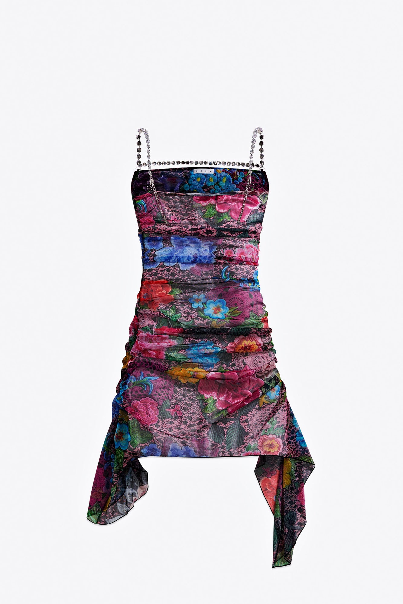 Crystal Embellished Printed Tulle Mini Dress | Pink Multi