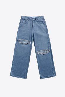 Distressed Crystal Relaxed Slit Jean | Medium Blue