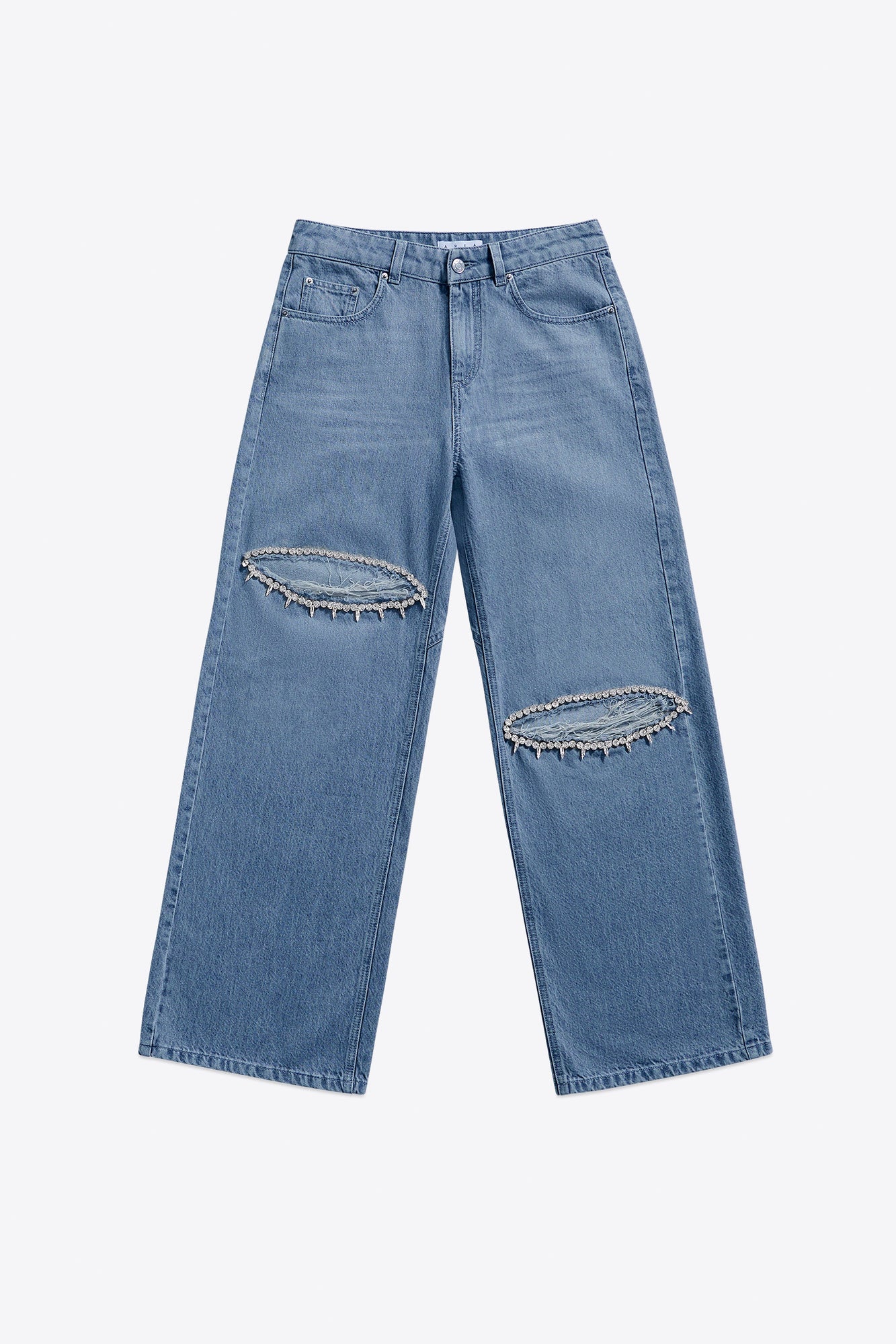 Distressed Crystal Relaxed Slit Jean | Medium Blue