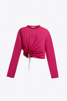 Crystal Flower Draped Long Sleeve Top | Fuchsia