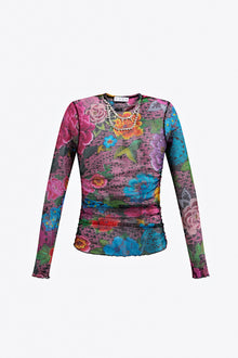 Crystal Embellished Printed Tulle Long Sleeve Top | Pink Multi