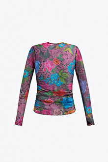 Crystal Embellished Printed Tulle Long Sleeve Top | Pink Multi