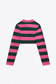 Embroidered Flower Rugby Stripe Long Sleeve Cropped Polo | Pink/Green