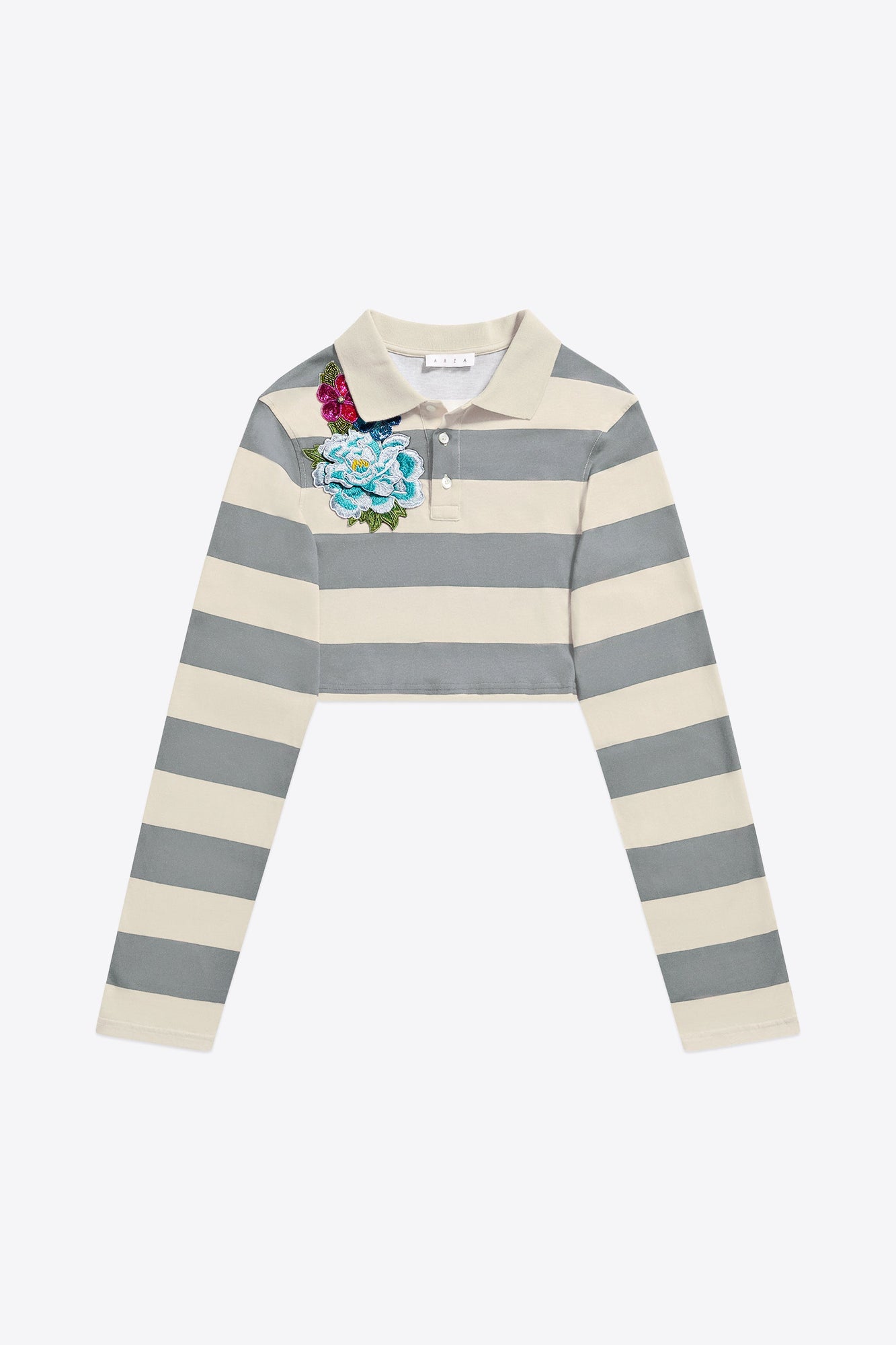 Embroidered Flower Rugby Stripe Long Sleeve Cropped Polo | Cream/Grey