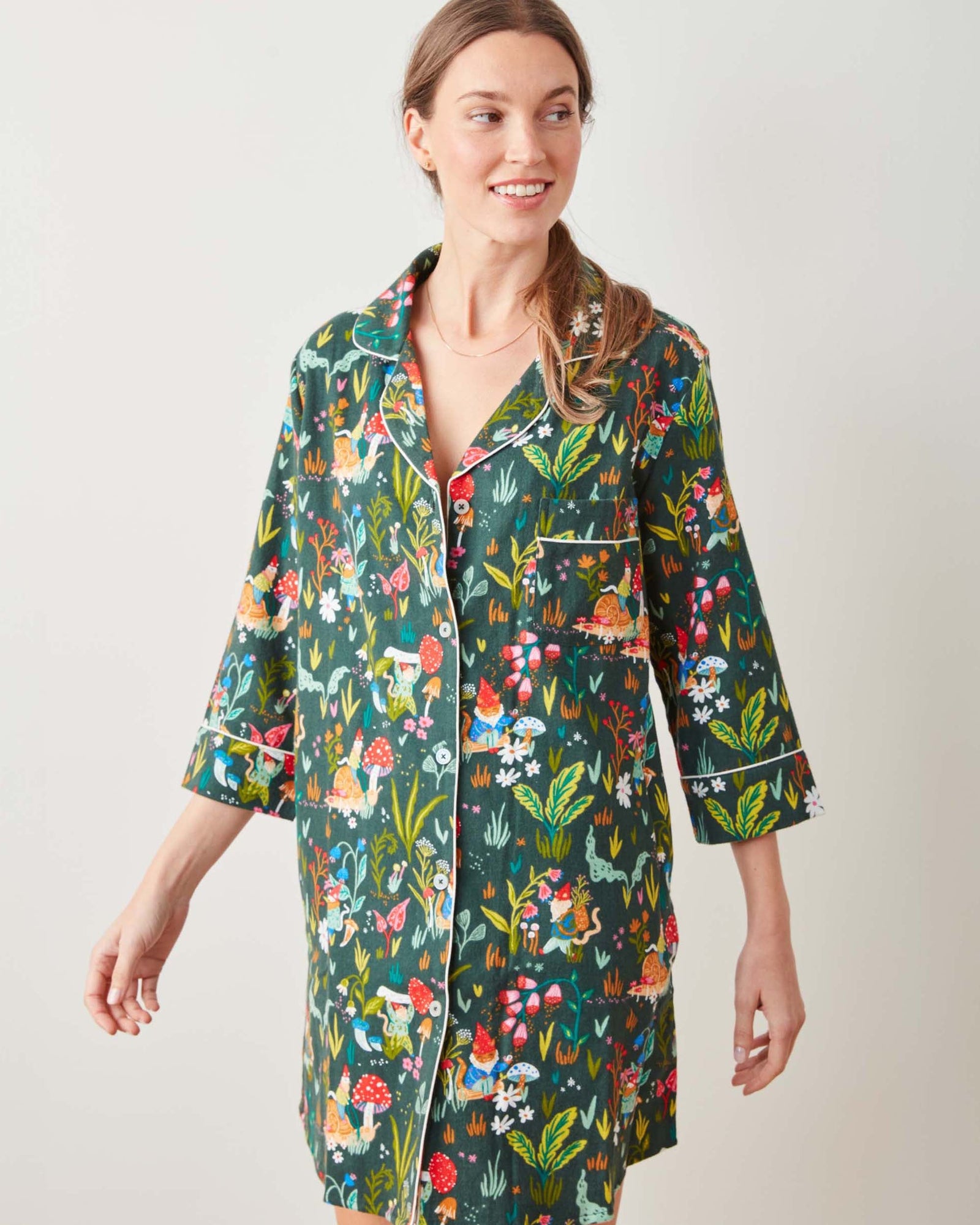Midweight Flannel Sleep Shirt | Gnome Garden (Green)