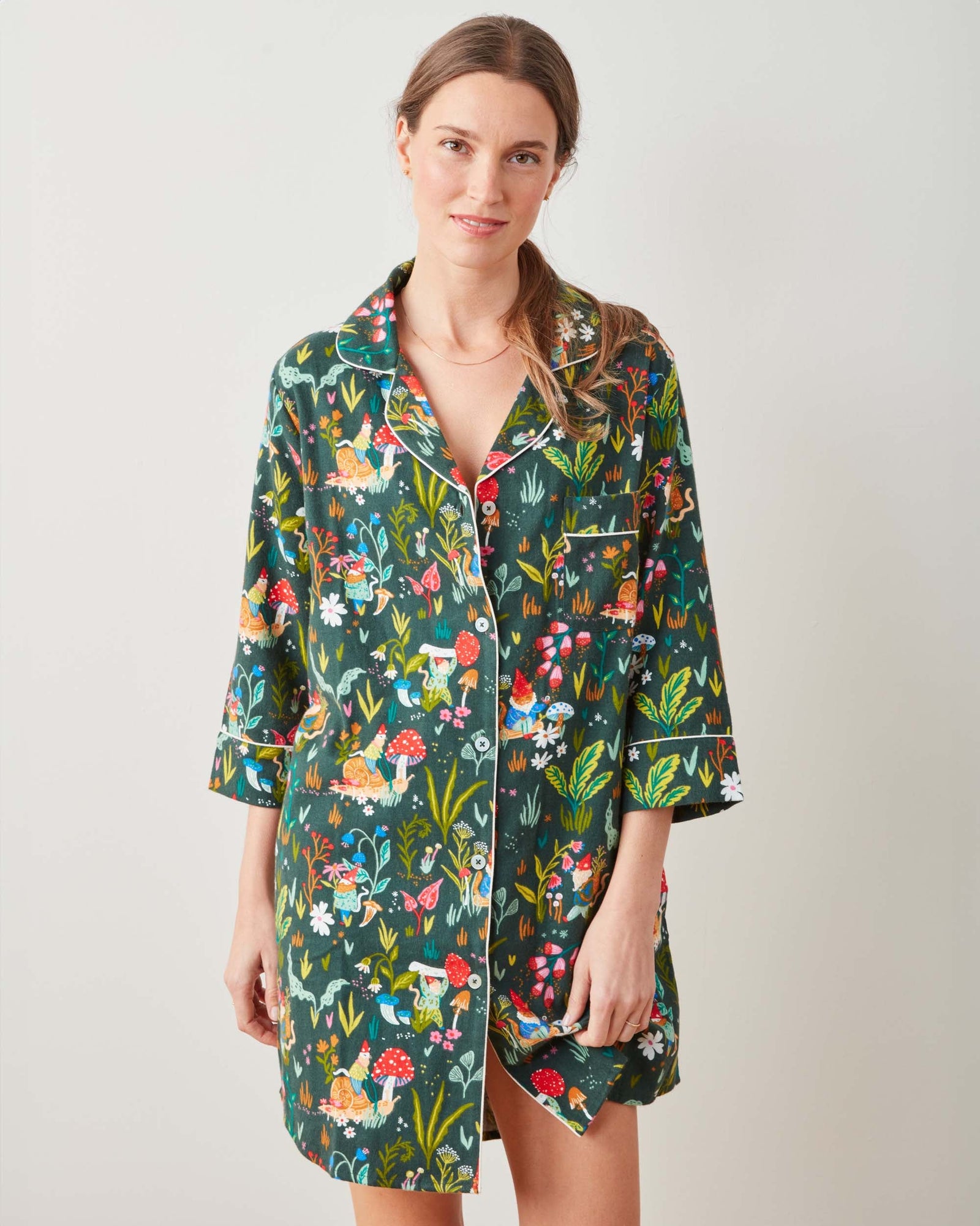 Midweight Flannel Sleep Shirt | Gnome Garden (Green)