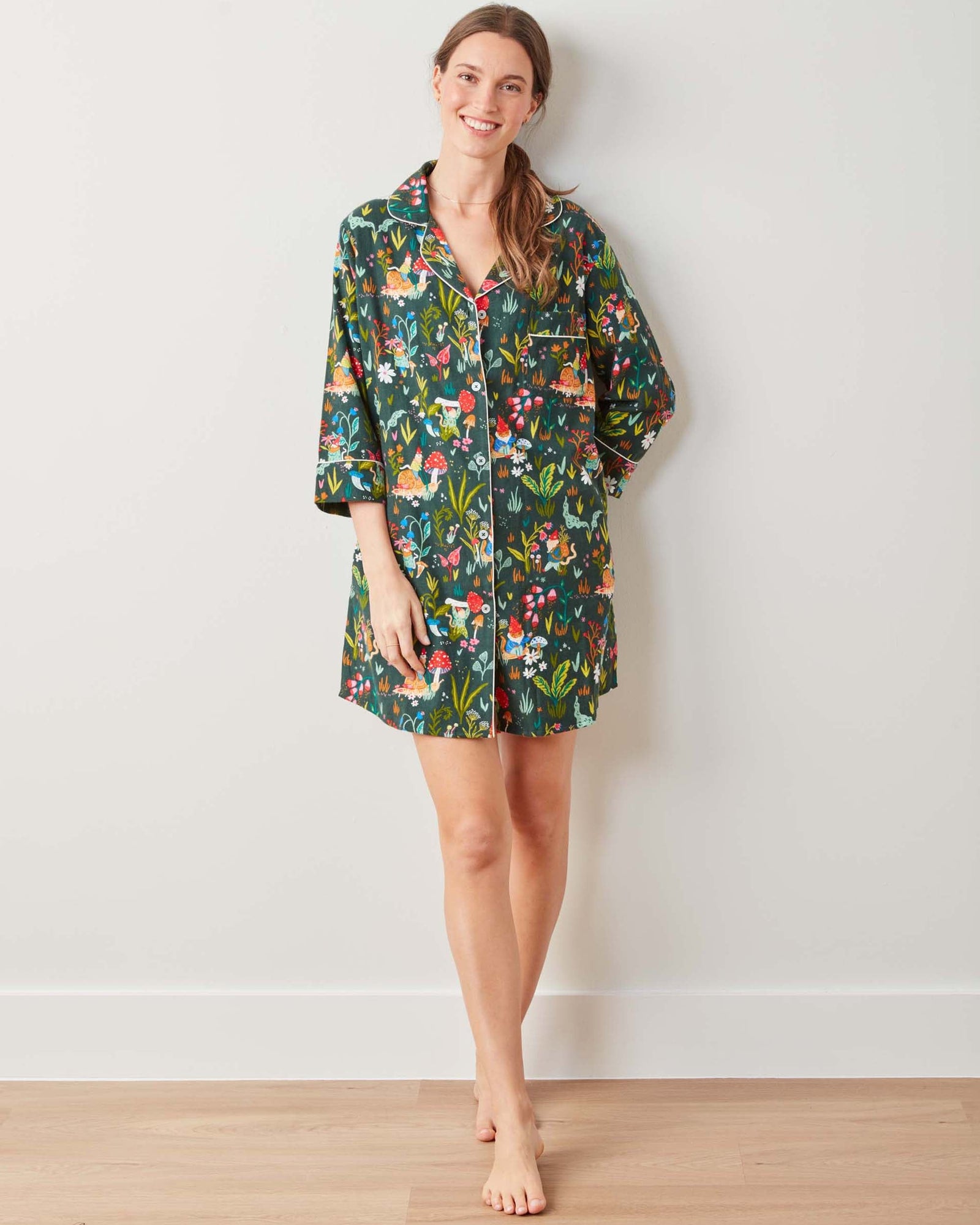 Midweight Flannel Sleep Shirt | Gnome Garden (Green)