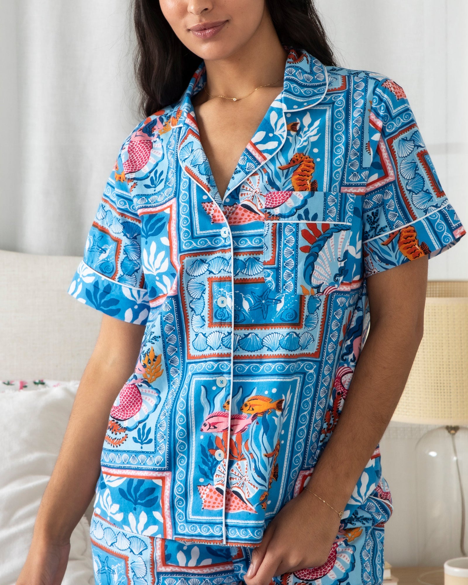 Short Sleeve Top & Cropped Pants Set | Tidal Tapestry - Saltwater Blue