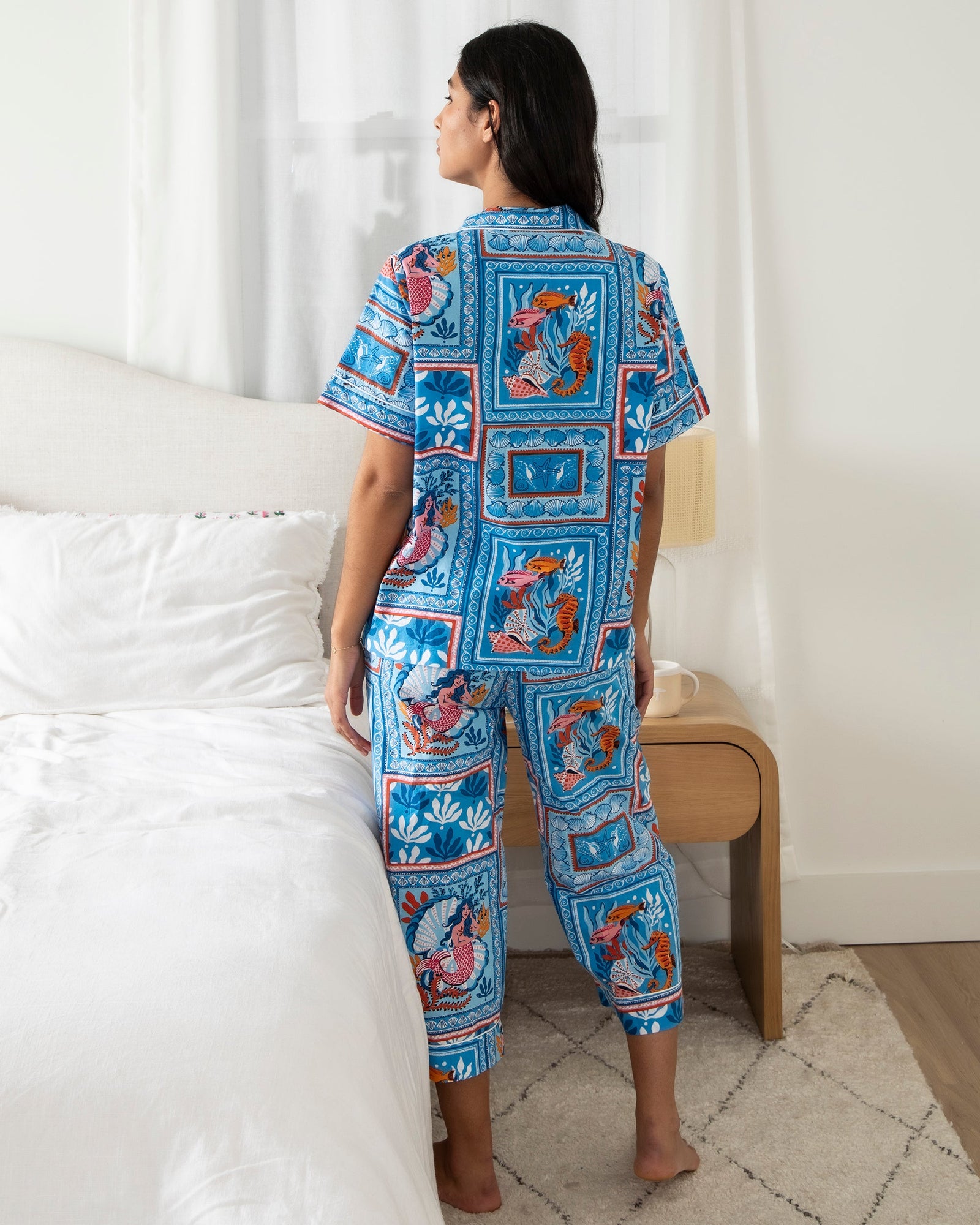 Short Sleeve Top & Cropped Pants Set | Tidal Tapestry - Saltwater Blue