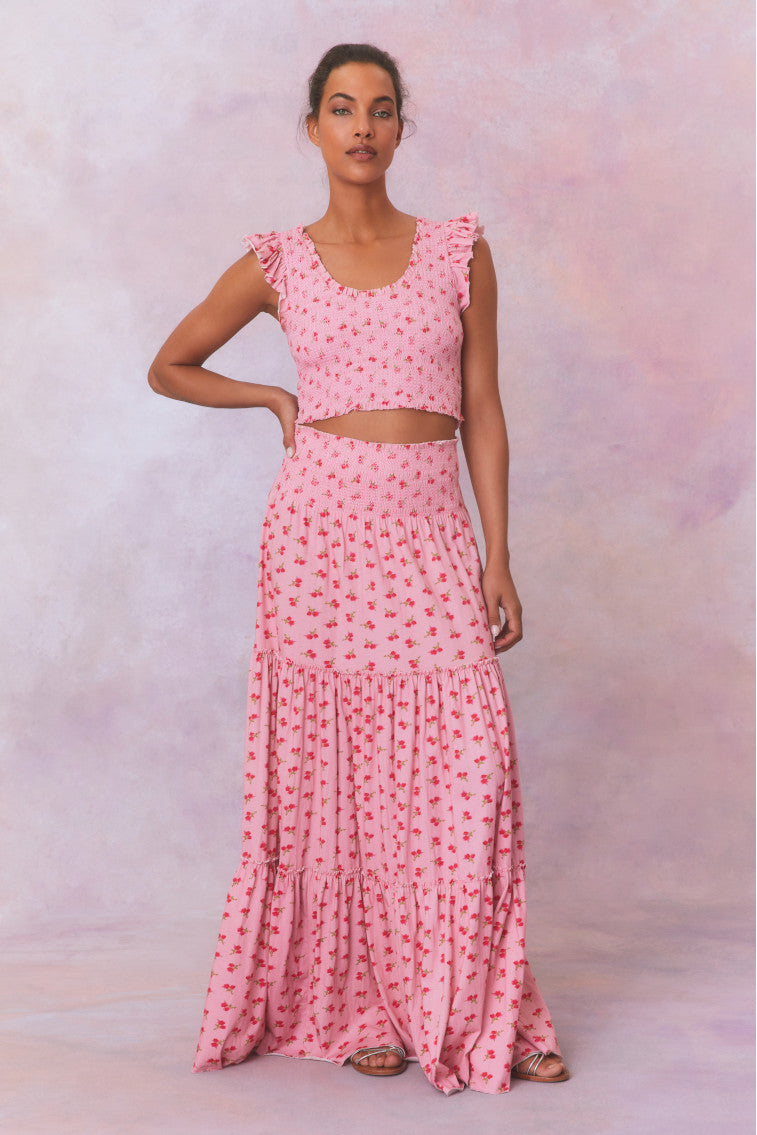 Womens | Phia Floral Printed Smocked Maxi Skirt | Cherry Pink