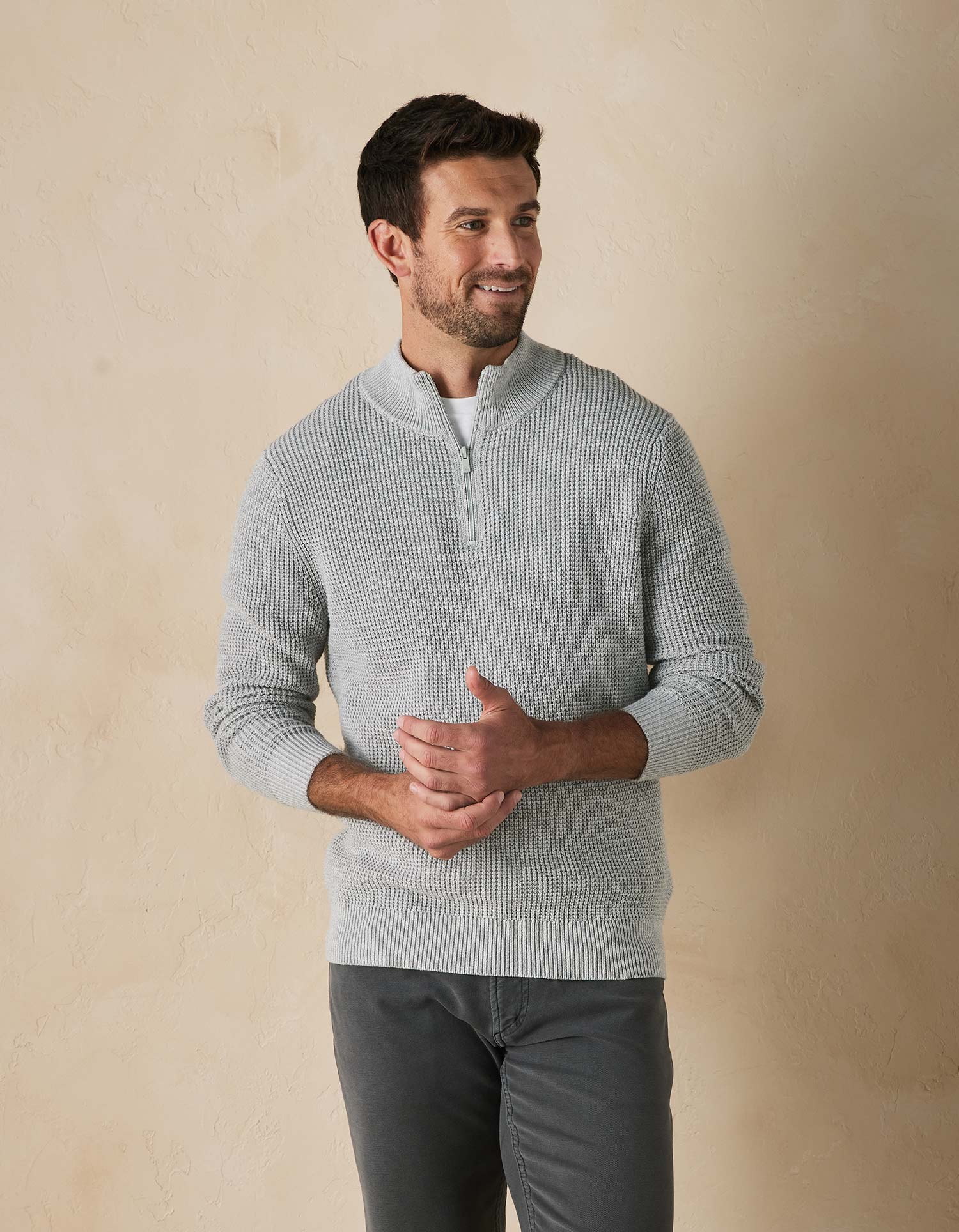 Men | Waffle Knit Quarter Zip Pullover | Grey