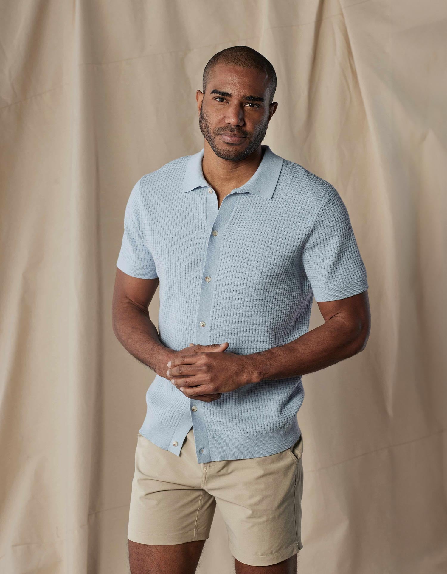 Men | Waffle Stitch Button Up | Clear Sky