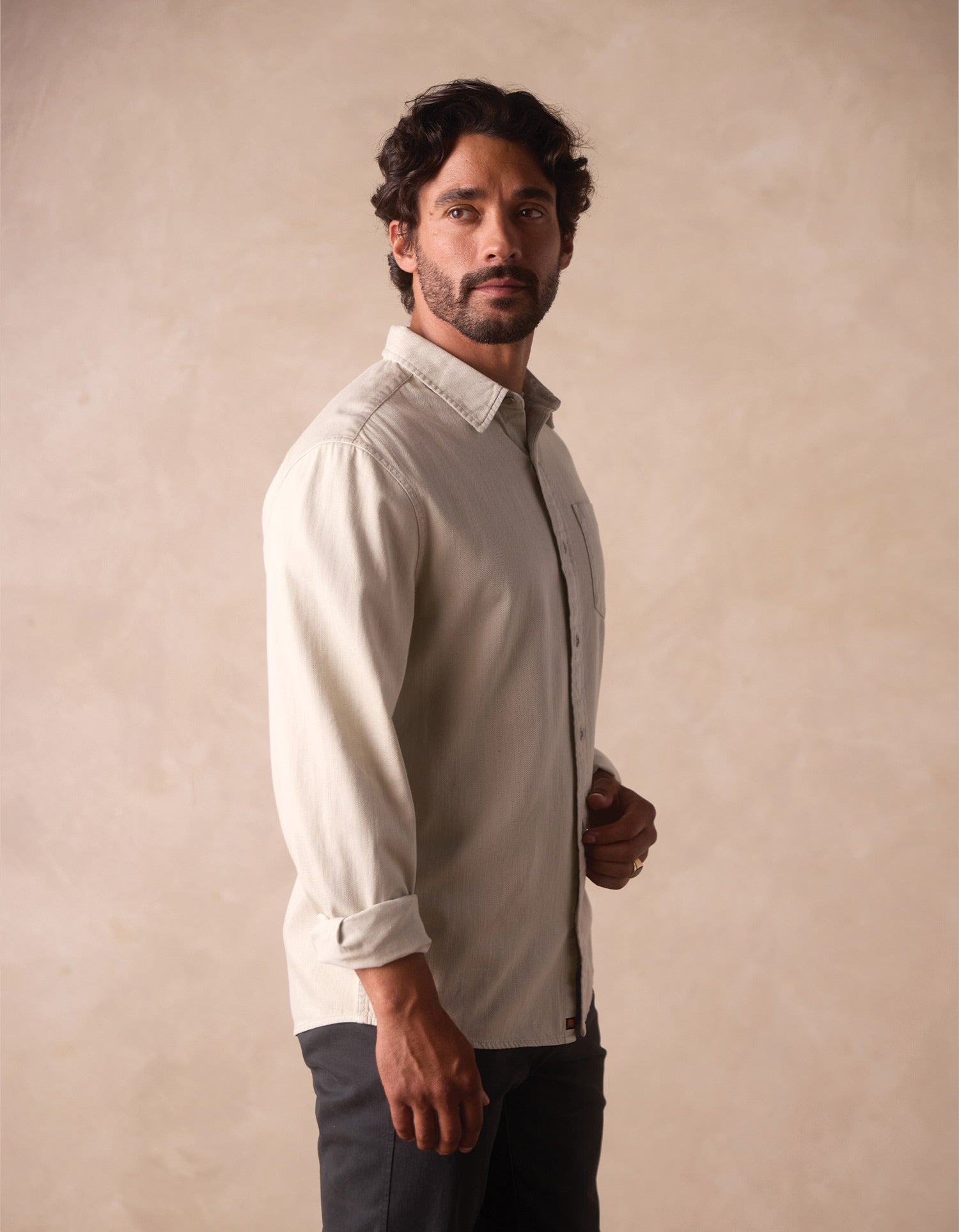 Men | Cotton Denim Long Sleeve Button Up | Silver Moss