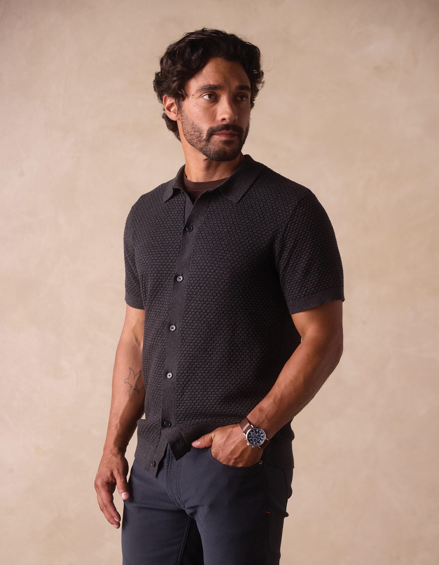 Men | Robles Knit Jacquard Button Up | Charcoal