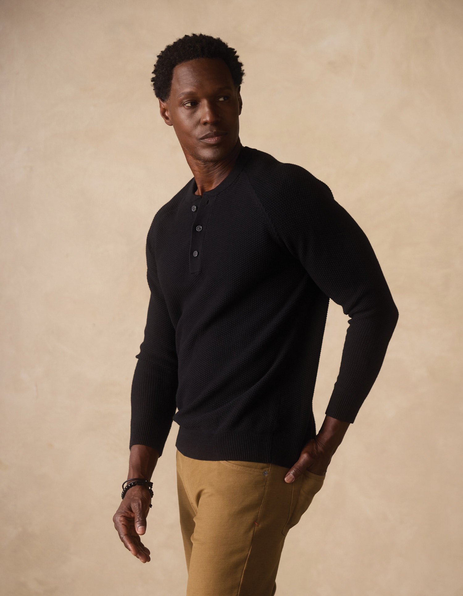 Men | COOLMAX® Textured Sweater Henley | Black