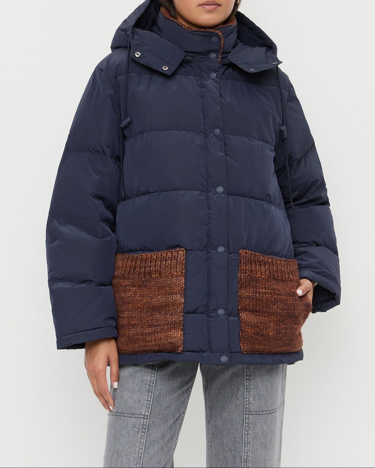 Pippa Puffer Coat in navy nylon and brown wool and Molly Workwear Jean in grey denim.