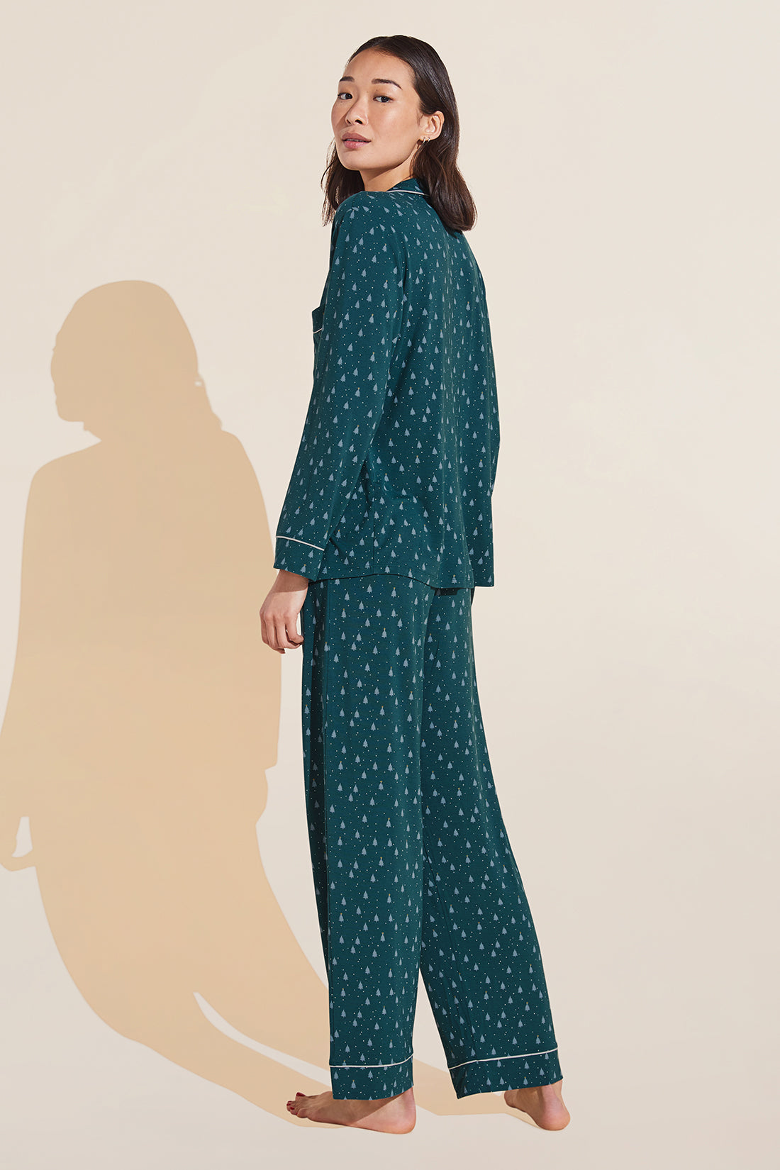 Model wears Gisele Printed TENCEL™ Modal Long PJ Set in evergreen print.