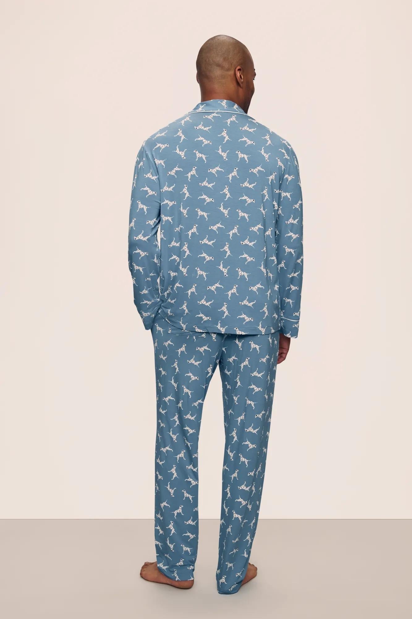 Mens | William Printed Tencel Modal Long PJ Set | Dalmatian Faded Denim/Ivory