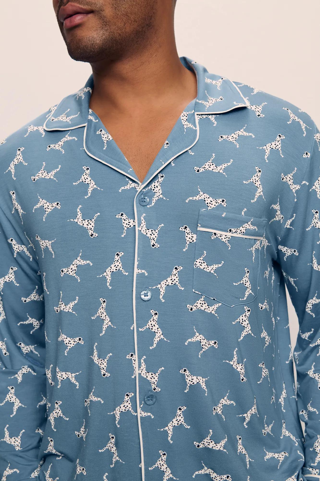Mens | William Printed Tencel Modal Long PJ Set | Dalmatian Faded Denim/Ivory