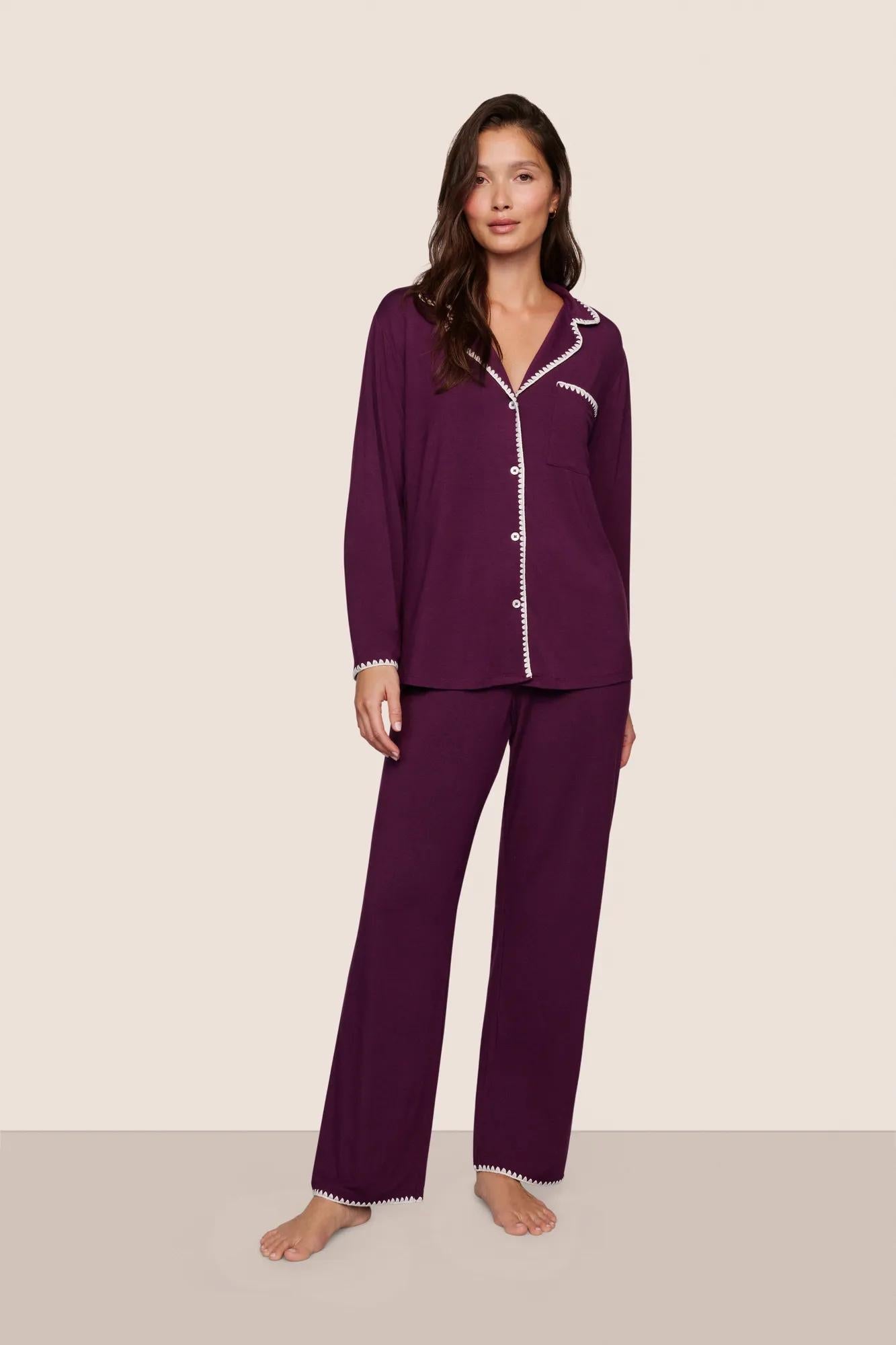 Model is wearing Frida TENCEL Modal Long PJ Set  in Plum/Ivory
