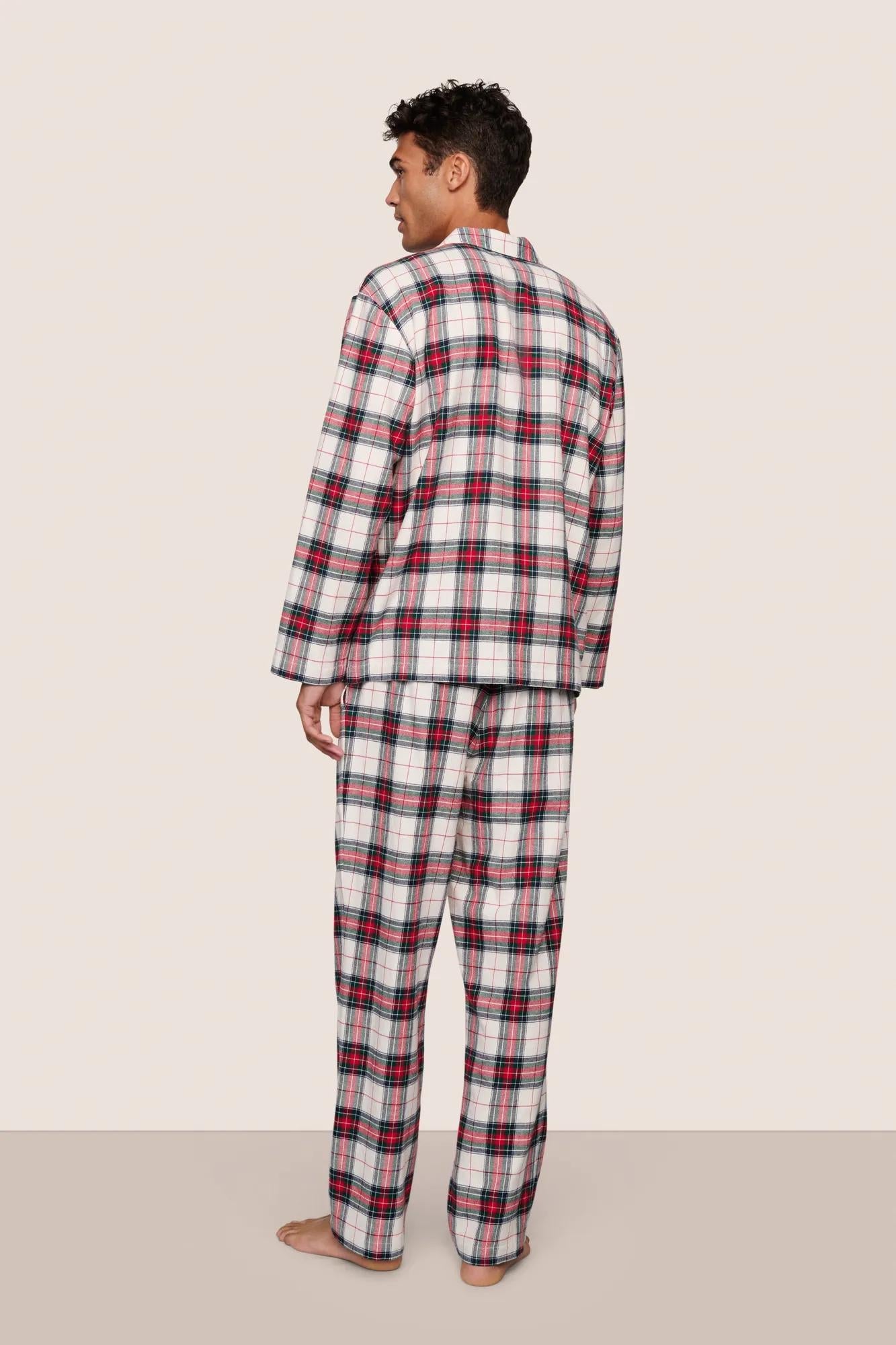 Mens | Flannel Long PJ Set | Tartan Plaid Ivory/Holly Red