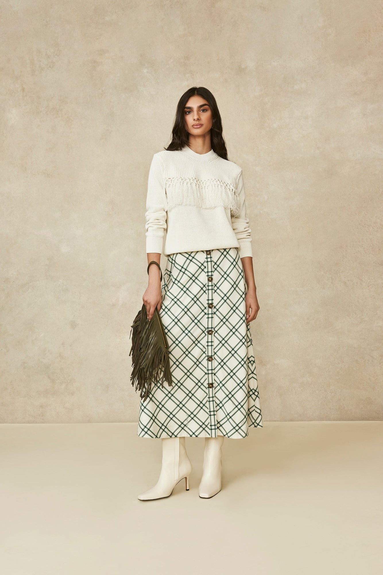 Oversized Plaid Midi Skirt | Ivory/Forest