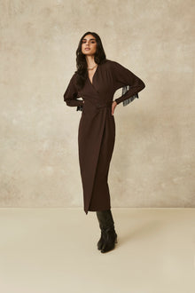 Ponte Fringe Detail Wrap Dress | Chocolate