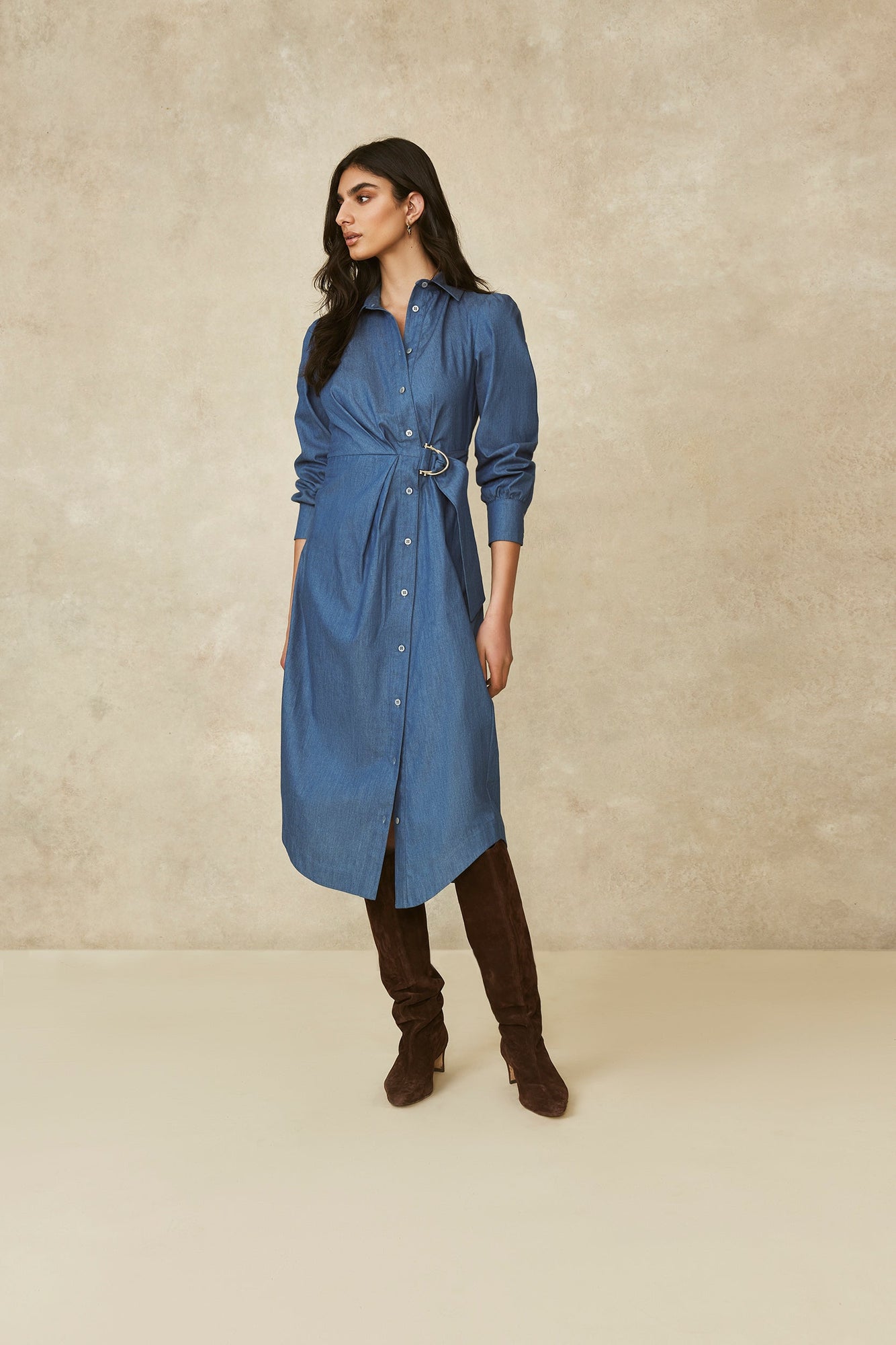 Chambray Asymmetrical Shirt Dress | Blue