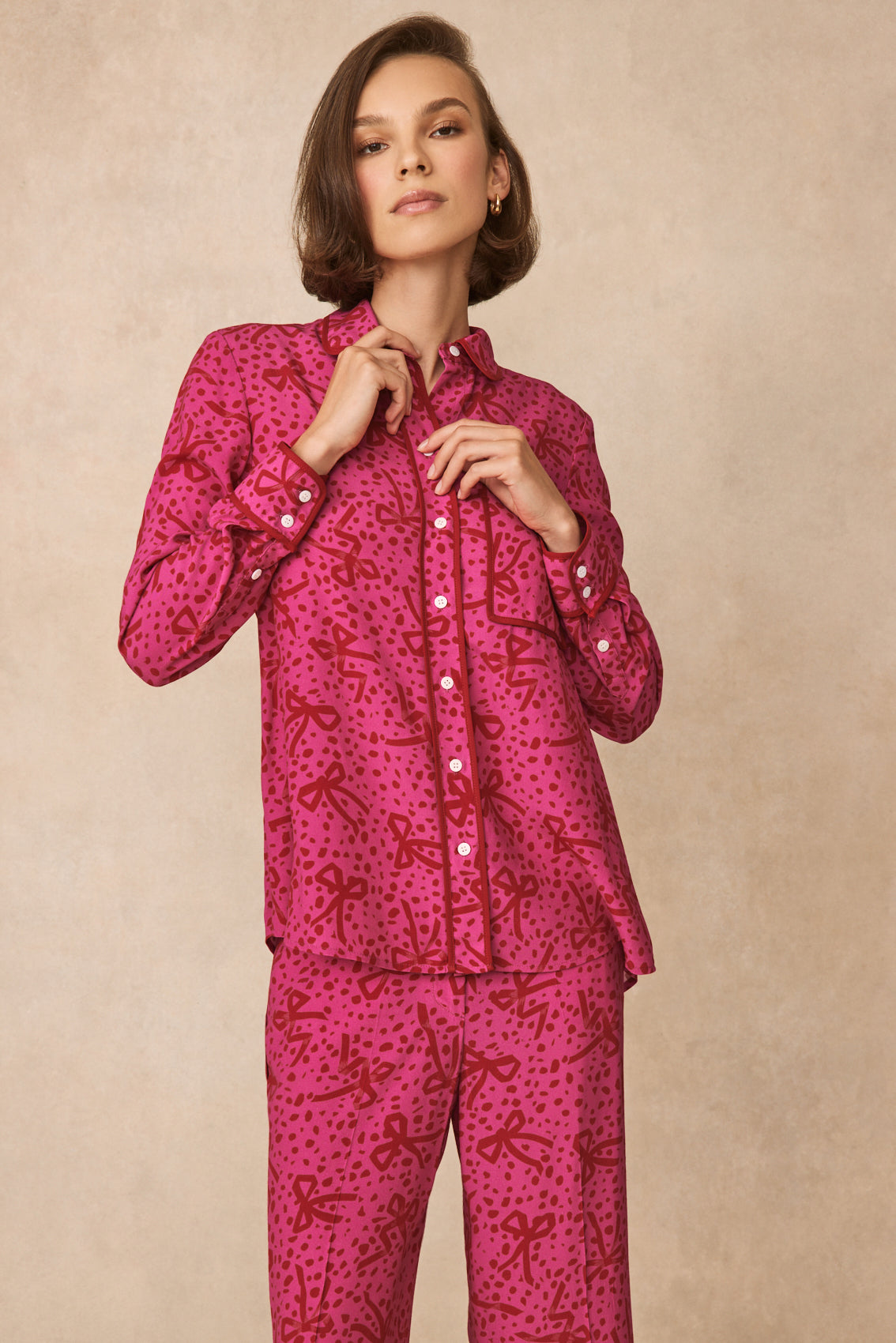 Bow Printed Crepe Tipped Shirt | Magenta
