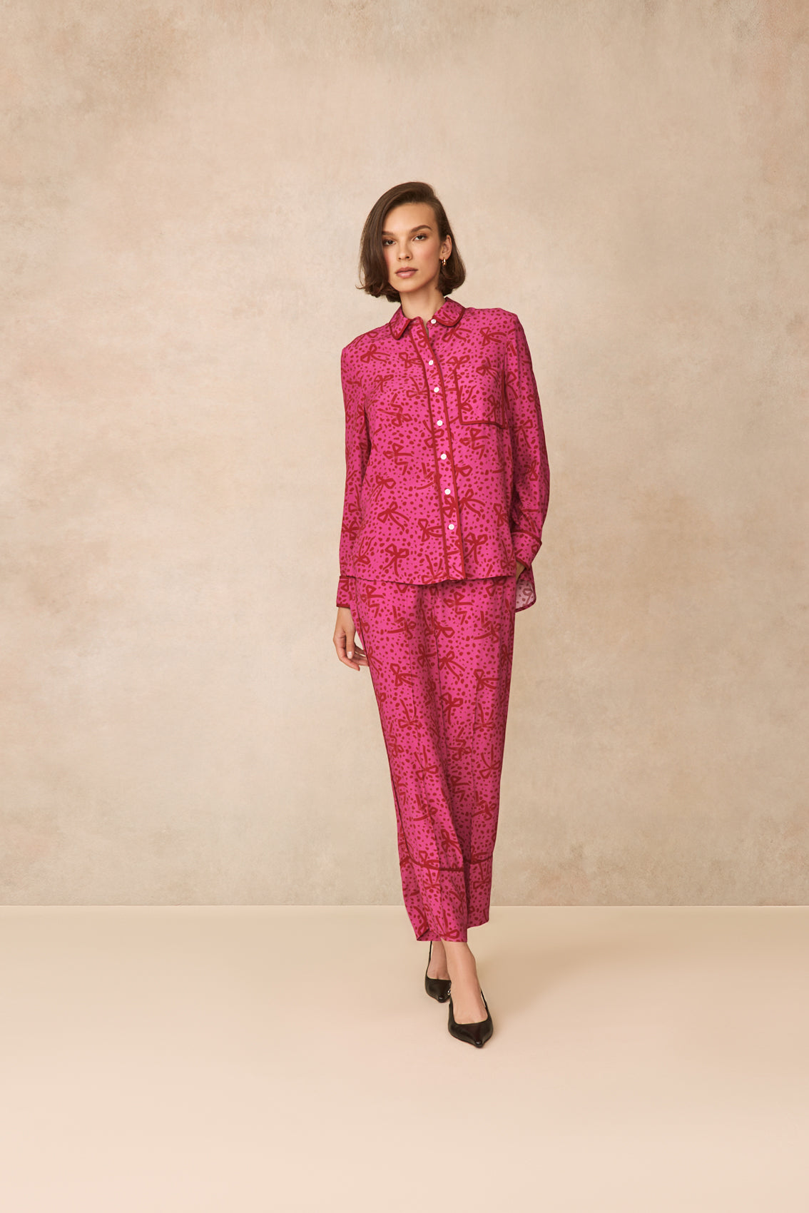 Bow Printed Crepe Tipped Shirt | Magenta