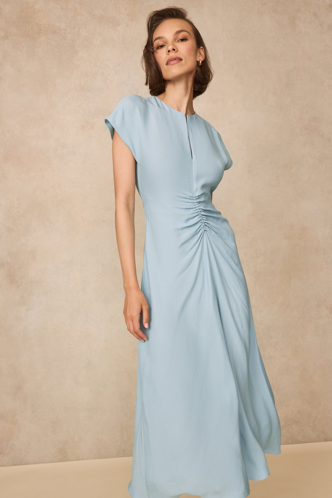 Textured Fluid Crepe Shirred Dress | Frost