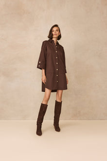 Coated Poplin Tunic Dress | Chocolate