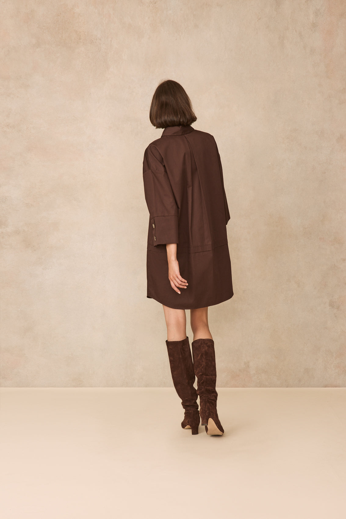 Coated Poplin Tunic Dress | Chocolate