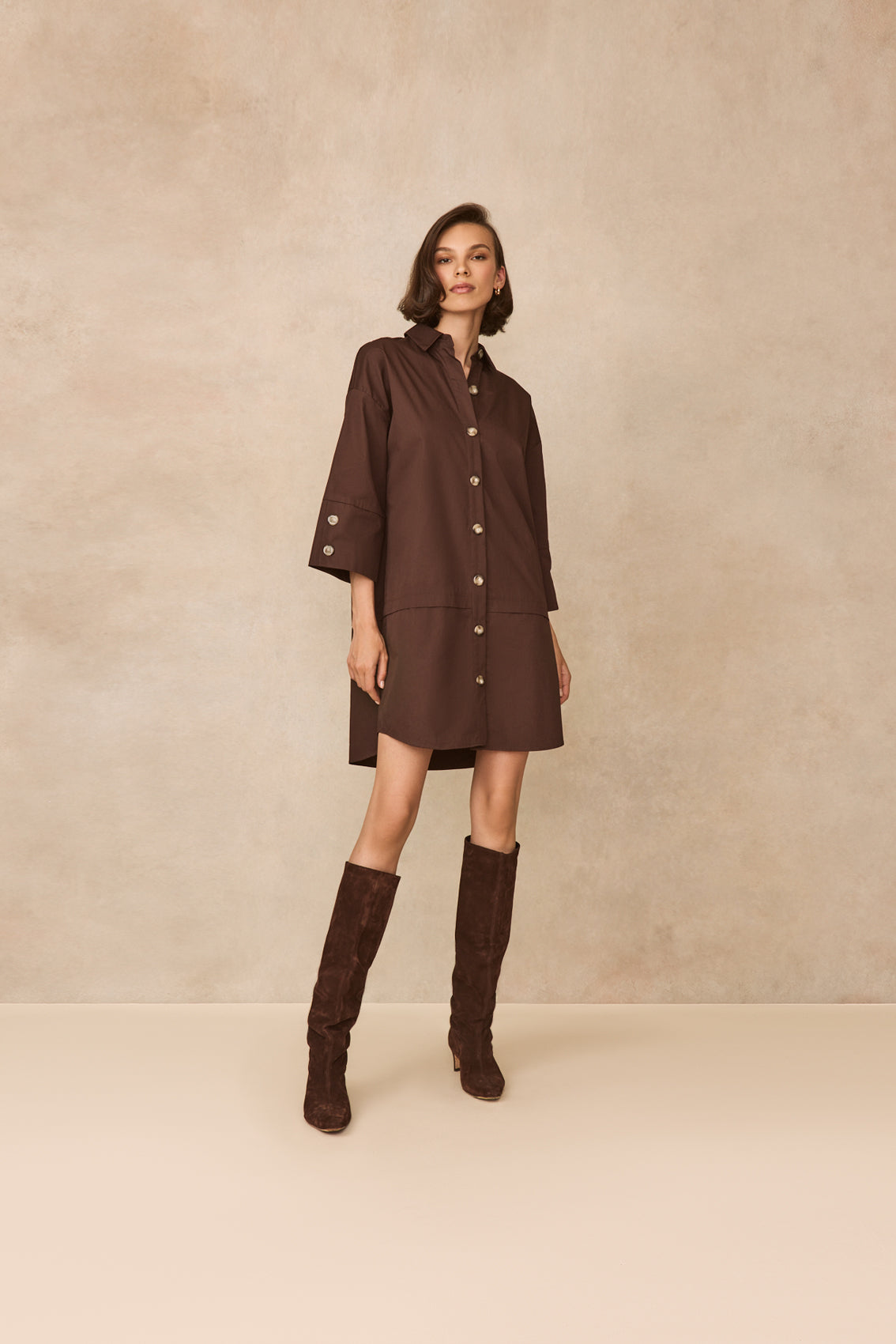 Coated Poplin Tunic Dress | Chocolate
