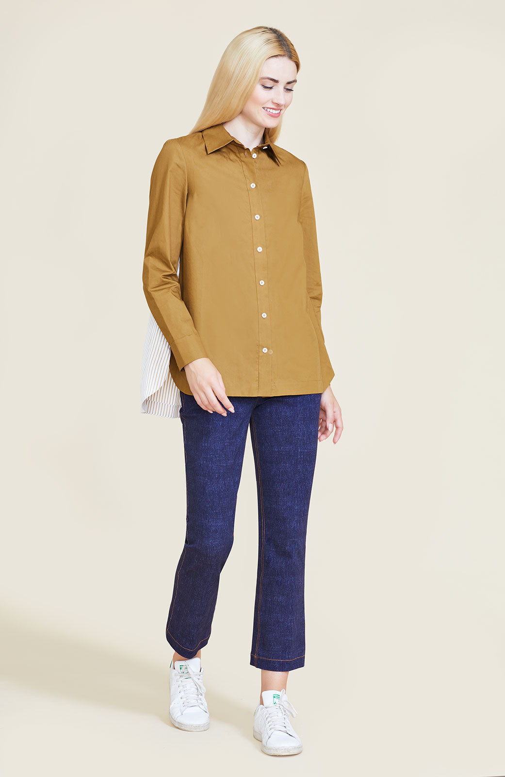 Cotton Poplin Button Down Top | Camel Multi